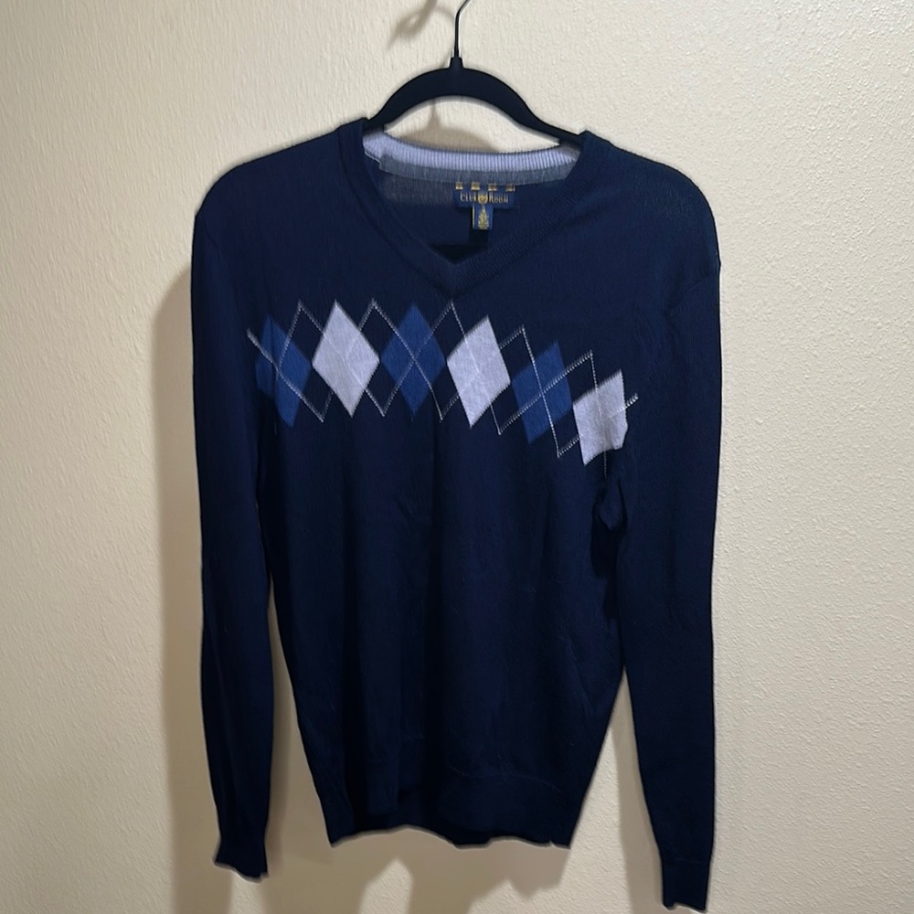 Club Room Blue V-Neck Sweater with Argyle Pattern